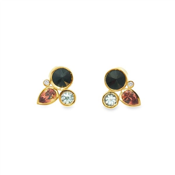 18K Inverted Black Spinel & Zircon Brushed Bezel Cluster Earrings