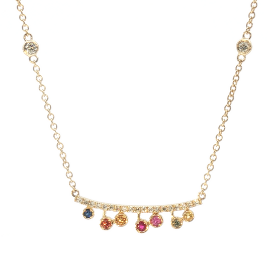 14K Rainbow Sapphire Curved Bar Stationary Necklace