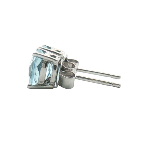 14K Aquamarine Checkerboard Cushion Stud Earrings