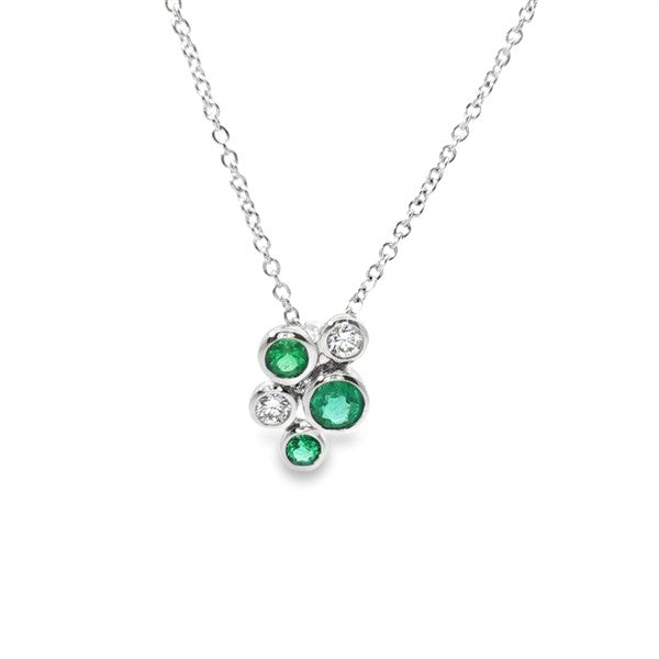 14K White Gold Emerald Cluster Bezel Necklace