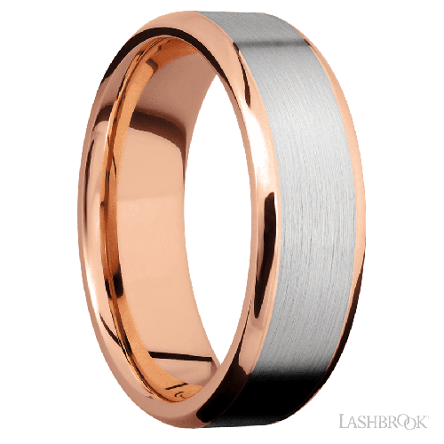 7 mm wide/Beveled/14K Rose Gold band with one 5 mm Centered inlay of 14K White Gold.