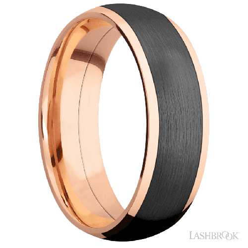 7 mm wide/Domed/14K Rose Gold band with one 5 mm Centered inlay of Zirconium.