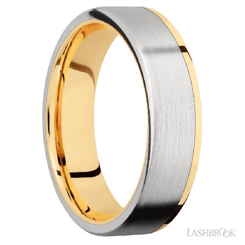 6 mm wide/Flat/14K Yellow Gold band with one 5 mm Off Center Edge inlay of Cobalt Chrome.