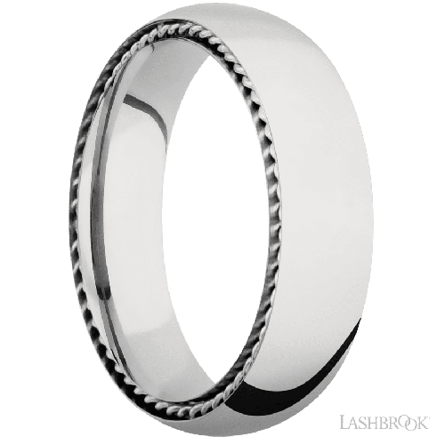 6 mm wide/Domed/14K White Gold band with two 1 mm Sidebraid inlays of 14K White Gold.