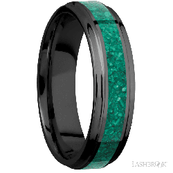 6 mm wide/Flat Grooved Edges/Zirconium band with one 3 mm Centered inlay of Malachite.