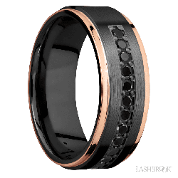 8 mm wide/Flat Grooved Edges/Zirconium band with a Half Eternity arrangement of .03 carat Round Black Diamond stones in a Bead setting and featuring two 1 mm Edge inlays of 14K Rose Gold