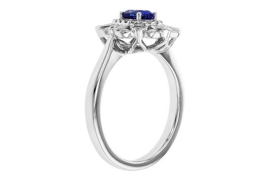 14K Floral Halo Oval Blue Sapphire Fashion Ring