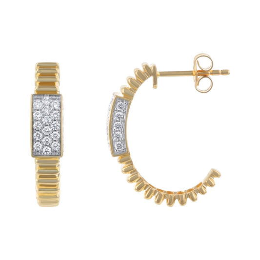 14K Corrugated Pave Diamond J-Hoop Earrings