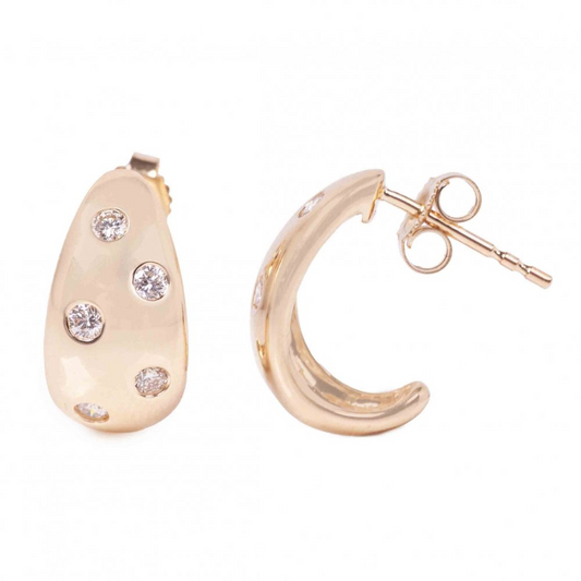 14K Burnished Scattered Diamond Dome J-Hoop Earrings