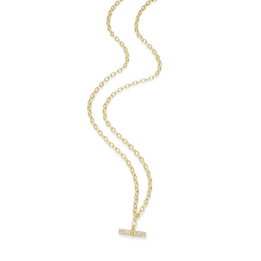 14K Gold-Plated CZ Bar Charm & Rolo Chain Necklace