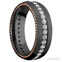 7 mm wide/Domed/Zirconium band with two 1 mm Sidebraid inlays of 14K Rose Gold and featuring an Eternity arrangement of .03 carat Round Lab Grown Diamond stones in a Bead setting