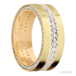 8 mm wide/Flat/14K Yellow Gold band with a Side Eternity arrangement of .01 carat Round Diamond stones in a Bead Channel setting and featuring a a 2 Row Eternity arrangement of .015 carat Round Diamond stones in a Bead Channel setting
