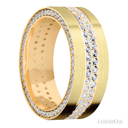 8 mm wide/Flat/14K Yellow Gold band with a Side Eternity arrangement of .01 carat Round Diamond stones in a Bead Channel setting and featuring a a 2 Row Eternity arrangement of .015 carat Round Diamond stones in a Bead Channel setting
