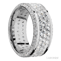 10 mm wide/High Bevel/14K White Gold band with a Bevel Eternity arrangement of .01 carat Round Diamond stones in a Bead setting and featuring a a 3 Row Eternity arrangement of .03 carat Round Diamond stones in a Bead Channel setting