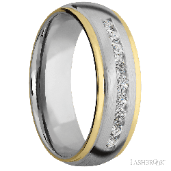 7 mm wide/Domed Stepped Down Edges/Cobalt Chrome band with two 1 mm Edge inlays of 14K Yellow Gold and featuring an arrangement of 9, .05 carat Round Diamond stones in a Channel setting