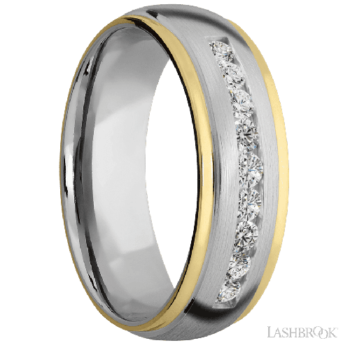 7 mm wide/Domed Stepped Down Edges/Cobalt Chrome band with two 1 mm Edge inlays of 14K Yellow Gold and featuring an arrangement of 9, .05 carat Round Diamond stones in a Channel setting