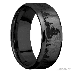 8 mm wide/Beveled/Zirconium band with a laser carved Trees pattern.