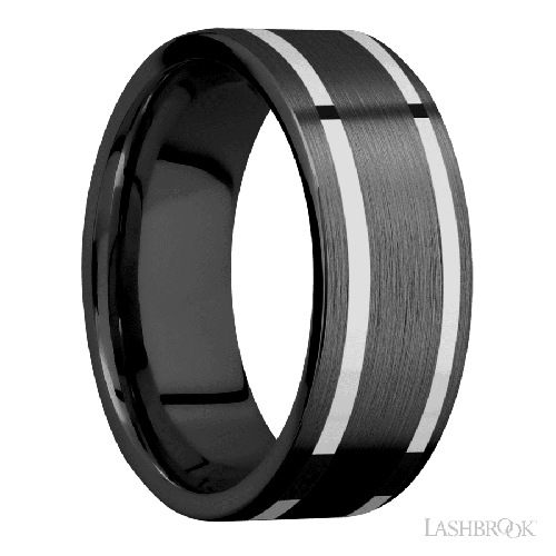 8 mm wide/Flat/Zirconium band with two 1 mm Wide inlays of 14K White Gold.