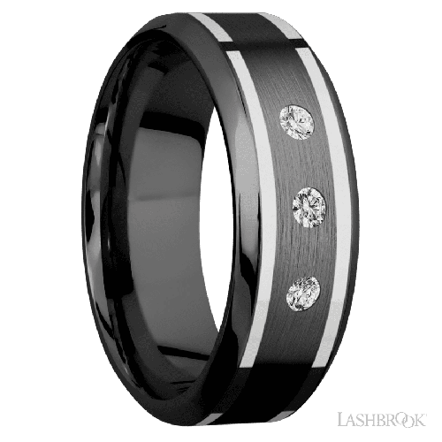 8 mm wide/High Bevel/Zirconium band with two 1 mm Wide inlays of 14K White Gold and featuring an arrangement of 3, .05 carat Round Diamond (ST) stones in a Flush setting