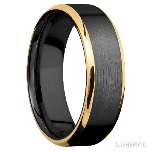7 mm wide/Beveled/Zirconium band with two 1 mm Edge inlays of 14K Yellow Gold.