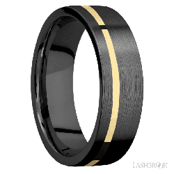7 mm wide/Flat/Zirconium band with one 1 mm Off Center inlay of 14K Yellow Gold.