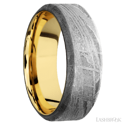 8 mm wide High Bevel Meteorite band featuring a 14K Yellow Gold sleeve.