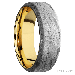8 mm wide High Bevel Meteorite band featuring a 14K Yellow Gold sleeve.