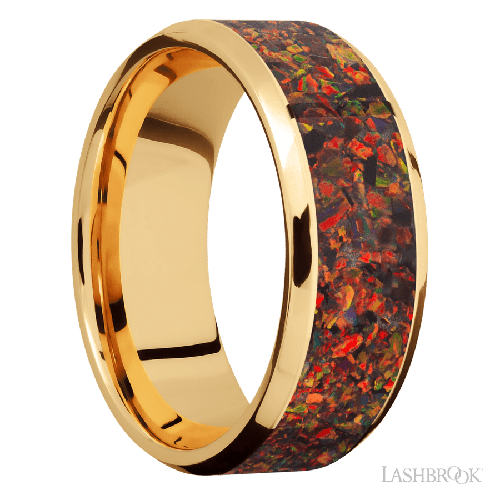 8 mm wide/Beveled/14K Yellow Gold band with one 6 mm Centered inlay of Red Opal.