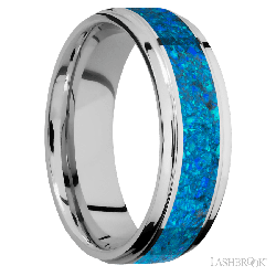 7 mm wide/Flat Grooved Edges/Cobalt Chrome band with one 4 mm Centered inlay of Blue Opal.