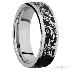 7 mm wide/Flat/Cobalt Chrome band with a laser carved Black Leaf pattern.
