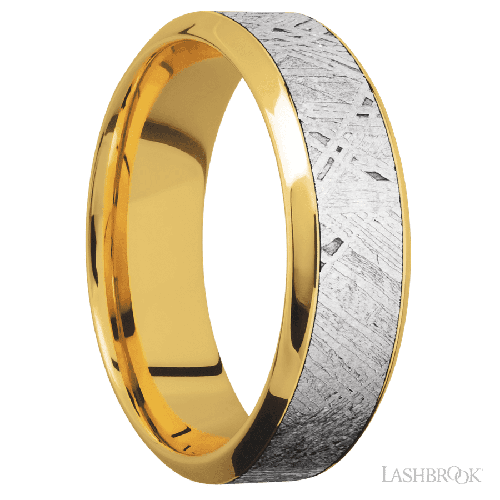 7 mm wide/High Bevel/18K Yellow Gold band with one 4 mm Centered inlay of Meteorite.