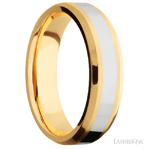 6 mm wide/Beveled/14K Yellow Gold band with one 3 mm Centered inlay of 14K White Gold.