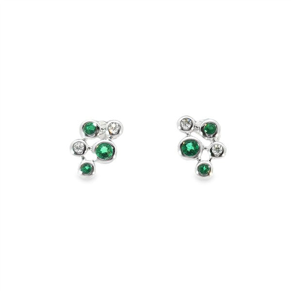 14K Cluster Bezel Emerald & Diamond Stud Earrings
