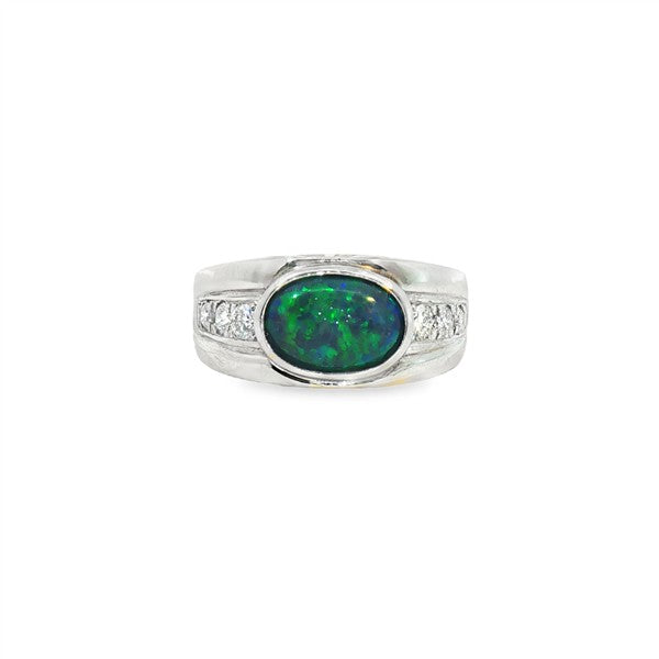Platinum East West Oval Black Opal Fashion Ring