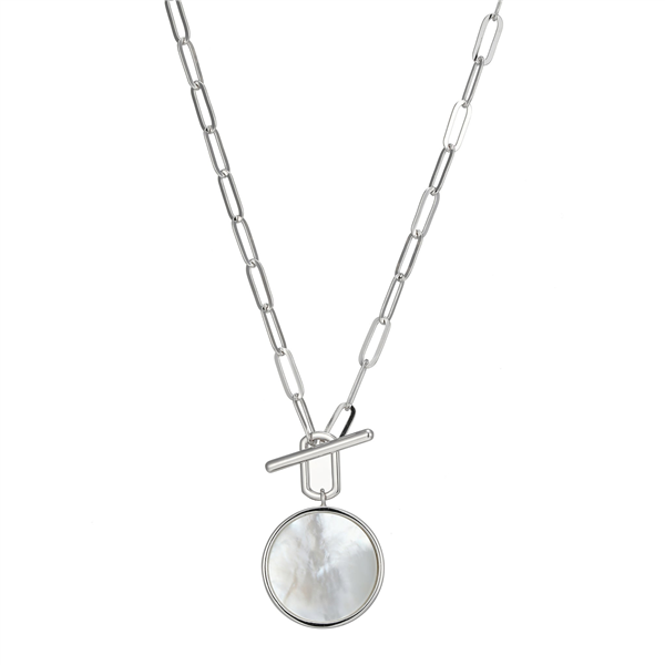 Sterling Silver Mother of Pearl Coin & Toggle Paperclip Necklace