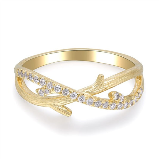 14K Engraved Branch Diamond Wedding Band