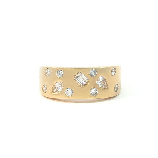 14K Satin Scattered Flush Set Multi-Shape Wide Diamond Band