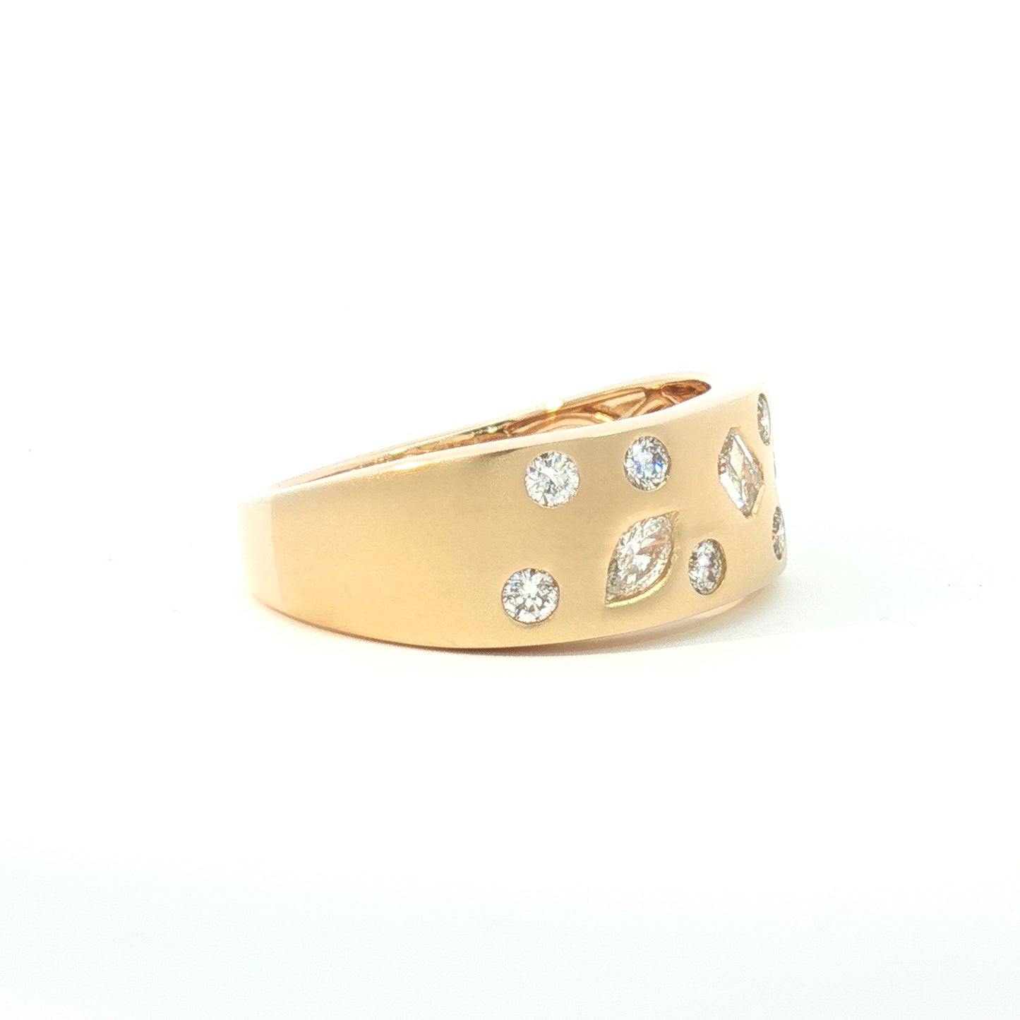 14K Satin Scattered Flush Set Multi-Shape Wide Diamond Band