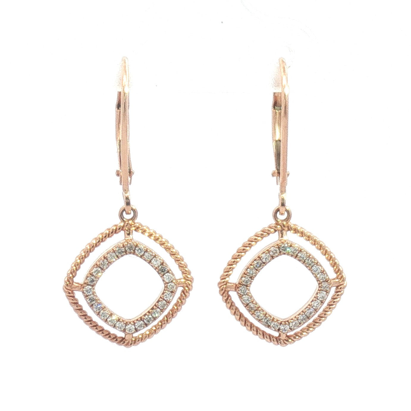 14K Square Milgrain Diamond Dangle Earrings