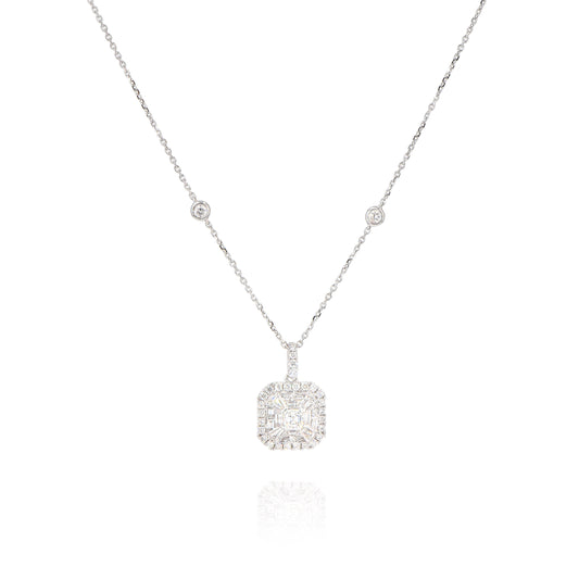 18 Karat White Gold Ballerina Halo Asscher Diamond Pendant