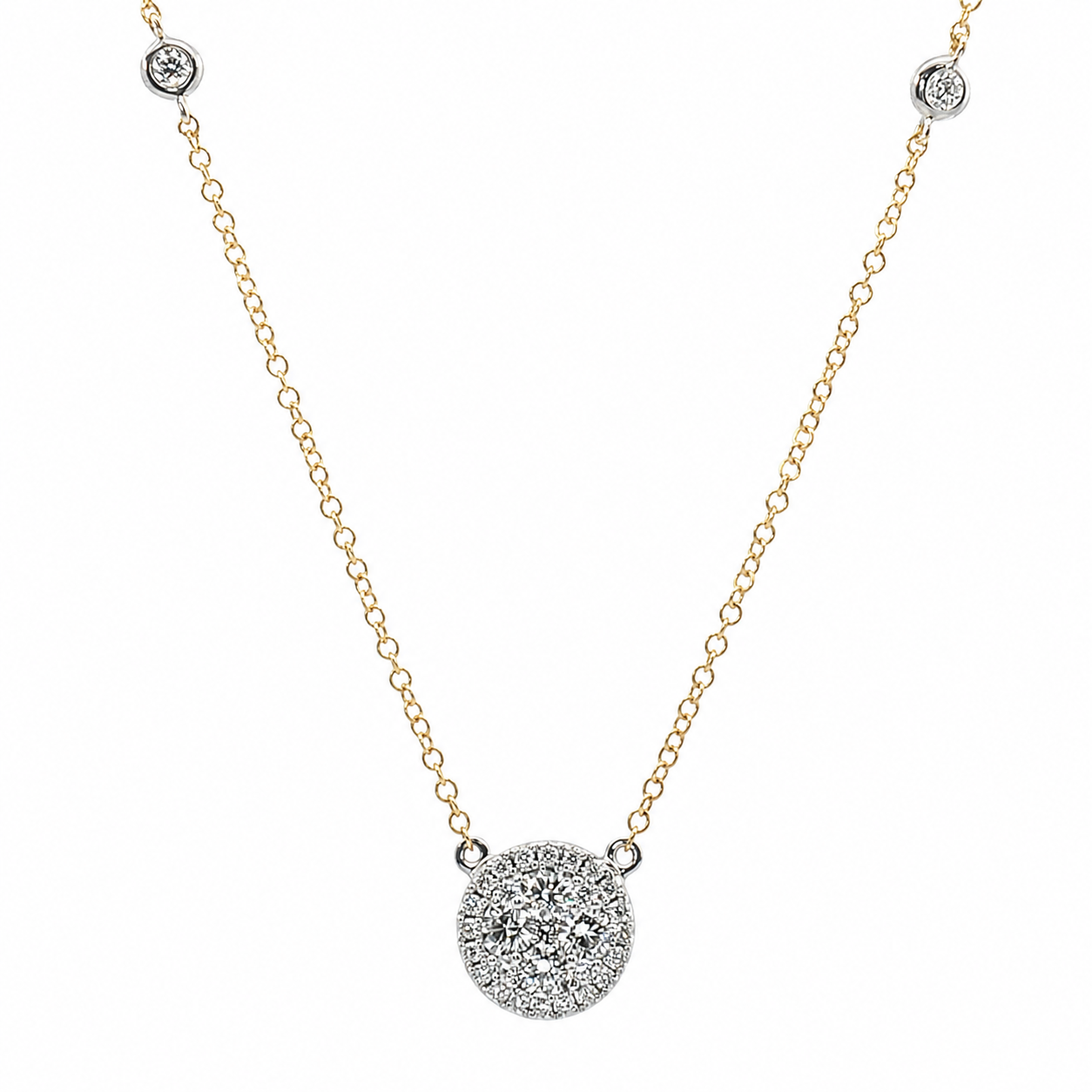 14K Two Tone Circle Cluster Necklace