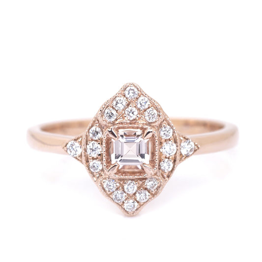 14 Karat Rose Gold Morganite Marquise Halo Fashion Ring