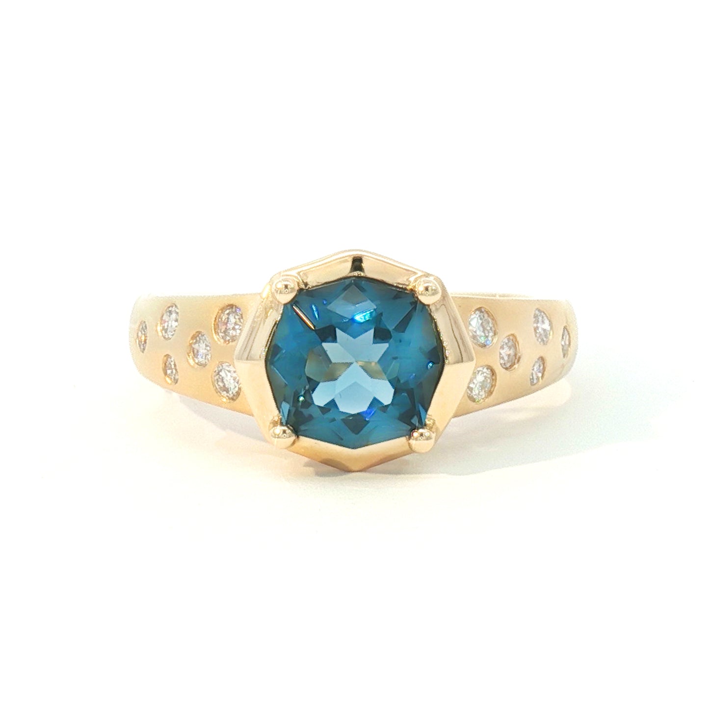14K Octagon London Blue Topaz Satin Flush Set Ring