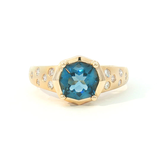 14K Octagon London Blue Topaz Satin Flush Set Ring