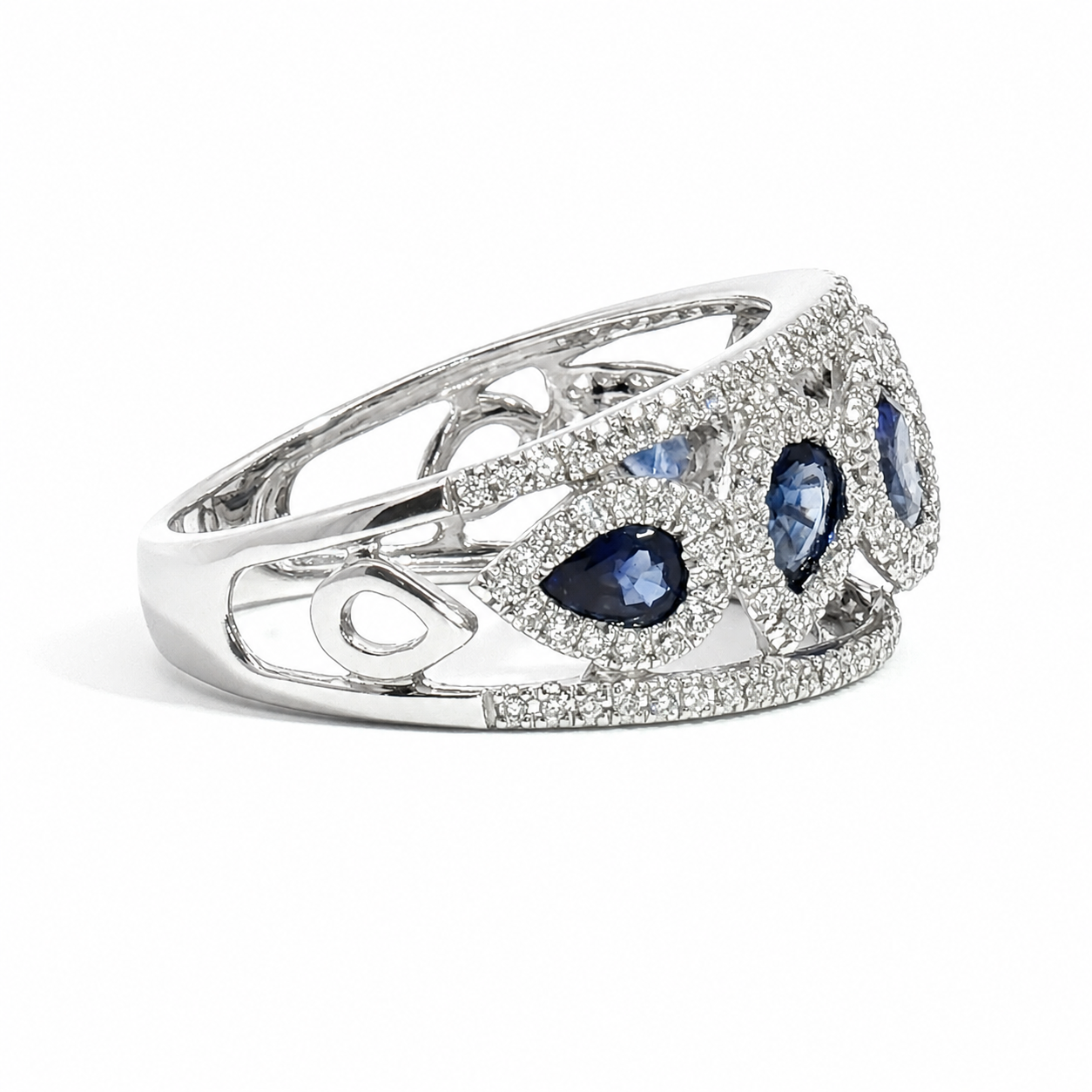 14K Tilted Pear Halo Blue Sapphire & Diamond Fashion Ring