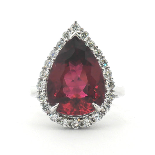 14K RubelliteTourmaline Pear Halo Cocktail Ring