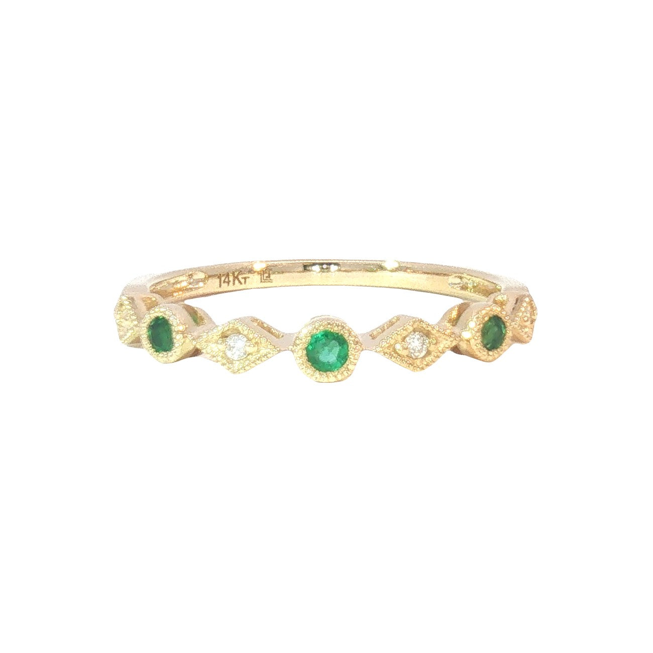 14K Milgrain Diamond Pattern Emerald Stackable Band