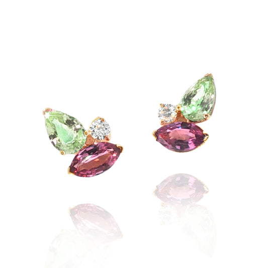14K Green & Pink Sapphire Ombre Cluster Stud Earrings