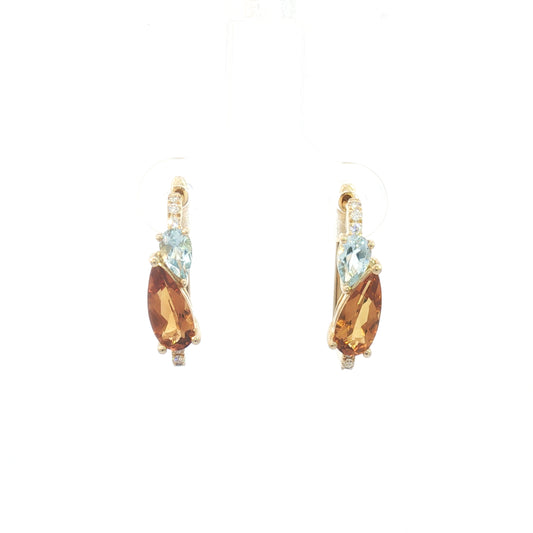 14K Pear Citrine & Sky Blue Topaz Square Hoop Earrings
