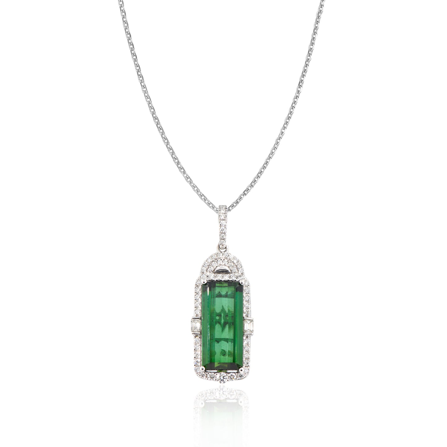 14K Deco Halo Emerald-Cut Green Tourmaline Pendant